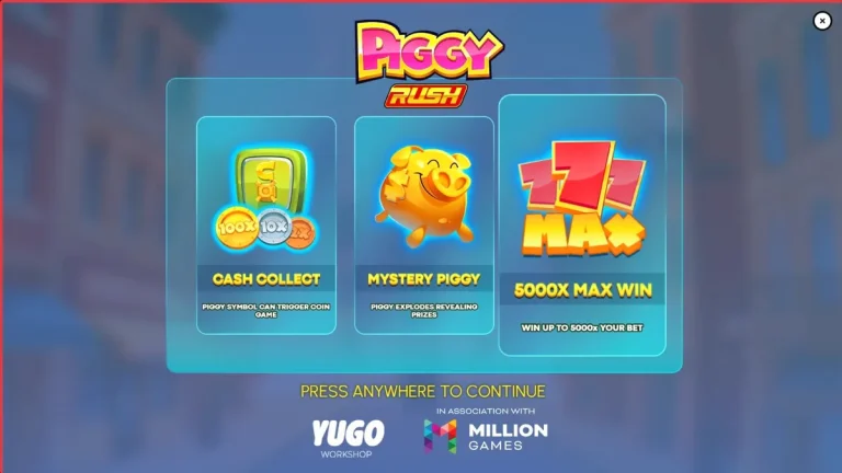 Tampilan visual slot Piggy Rush dengan karakter babi dan simbol buah